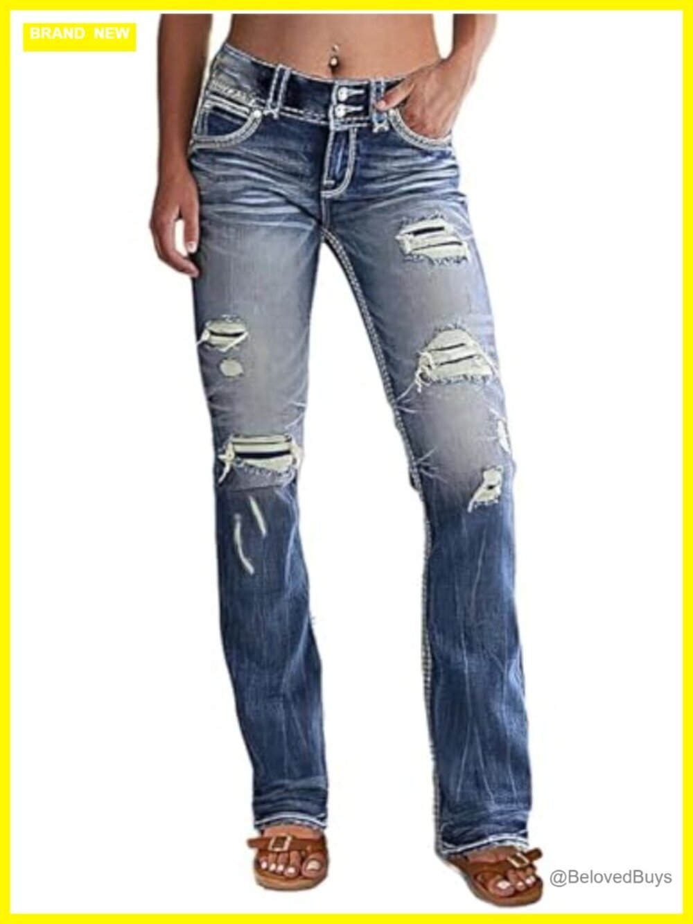 Distressed Bootcut Jeans Low Rise Ripped Flare Denim Pants